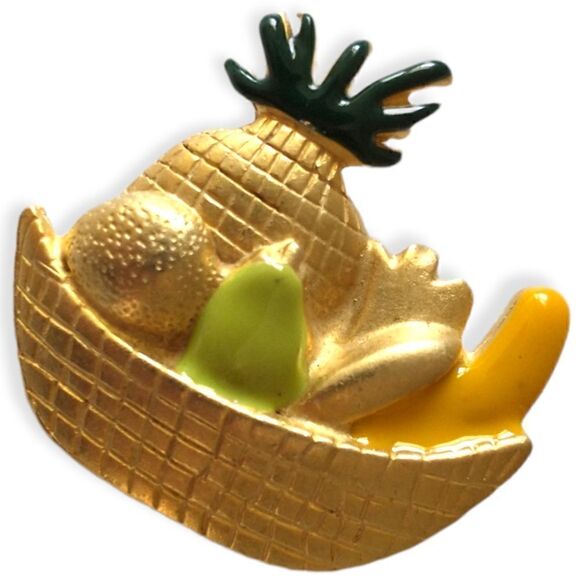 Tropical Fruit Salad Brooch Pin Gold Tone Pineapple Banana Pear Whimsical Enamel - Picture 6 of 16